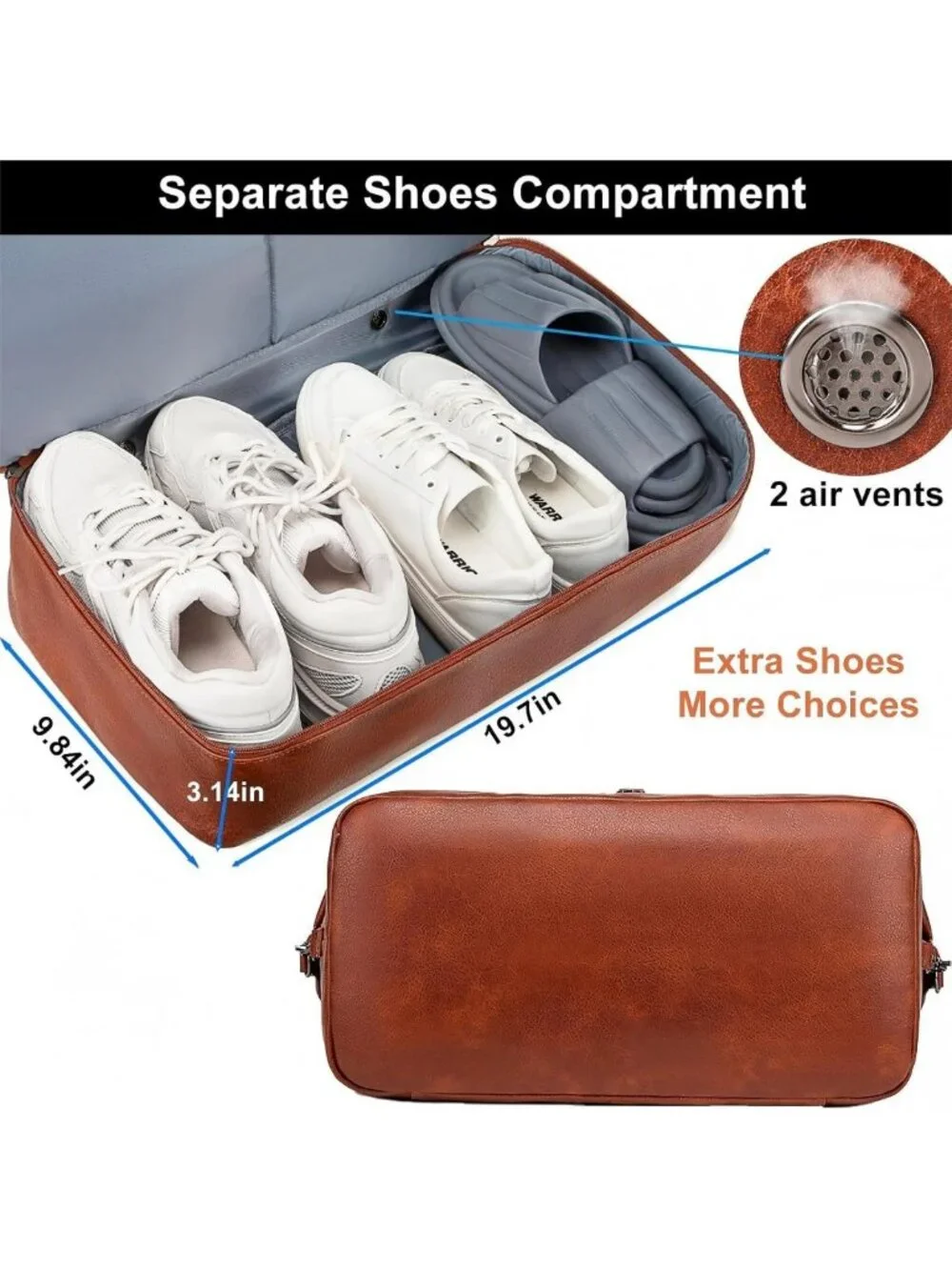 Large Faux Leather Travel Duffel Bag with Shoe Compartment - Waterproof